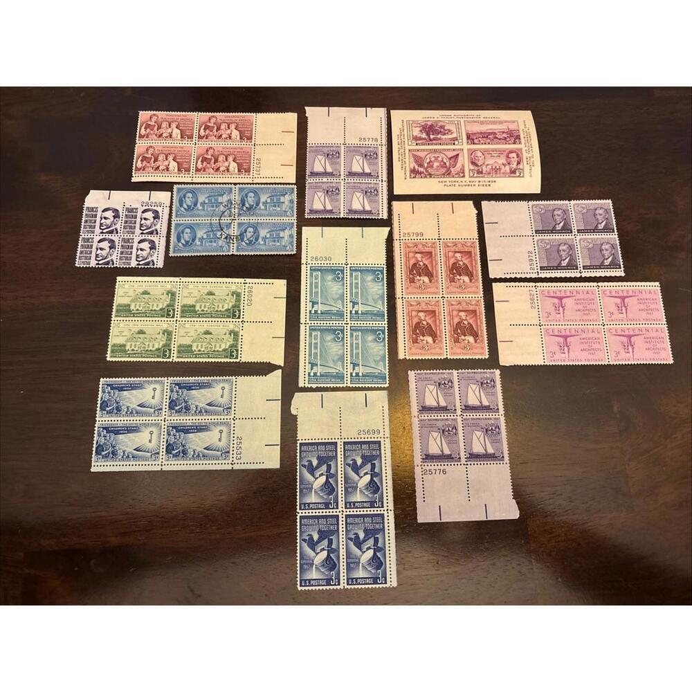 Vintage 1950s U.S. 3¢ Stamp Plate Blocks – Education, Architecture, History